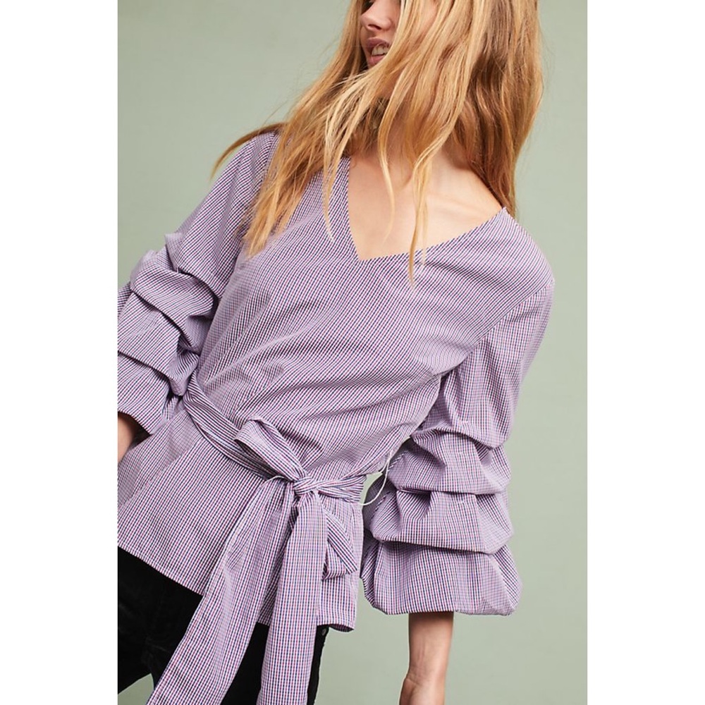 Anthropologie Ruffled & Tied Gingham Blouse / Peplum Top